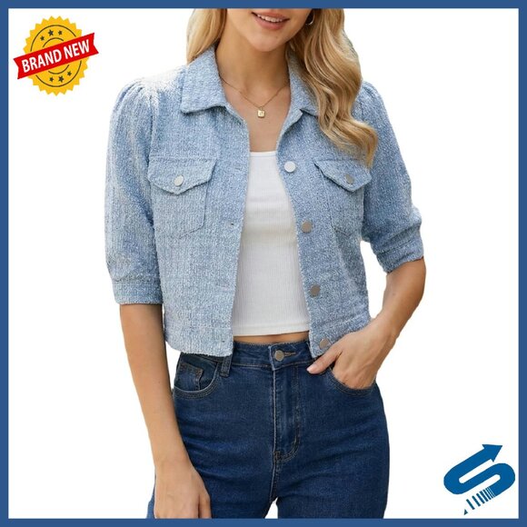 Cropped Denim Jacket with Puff Sleeves Front Pockets Button Down